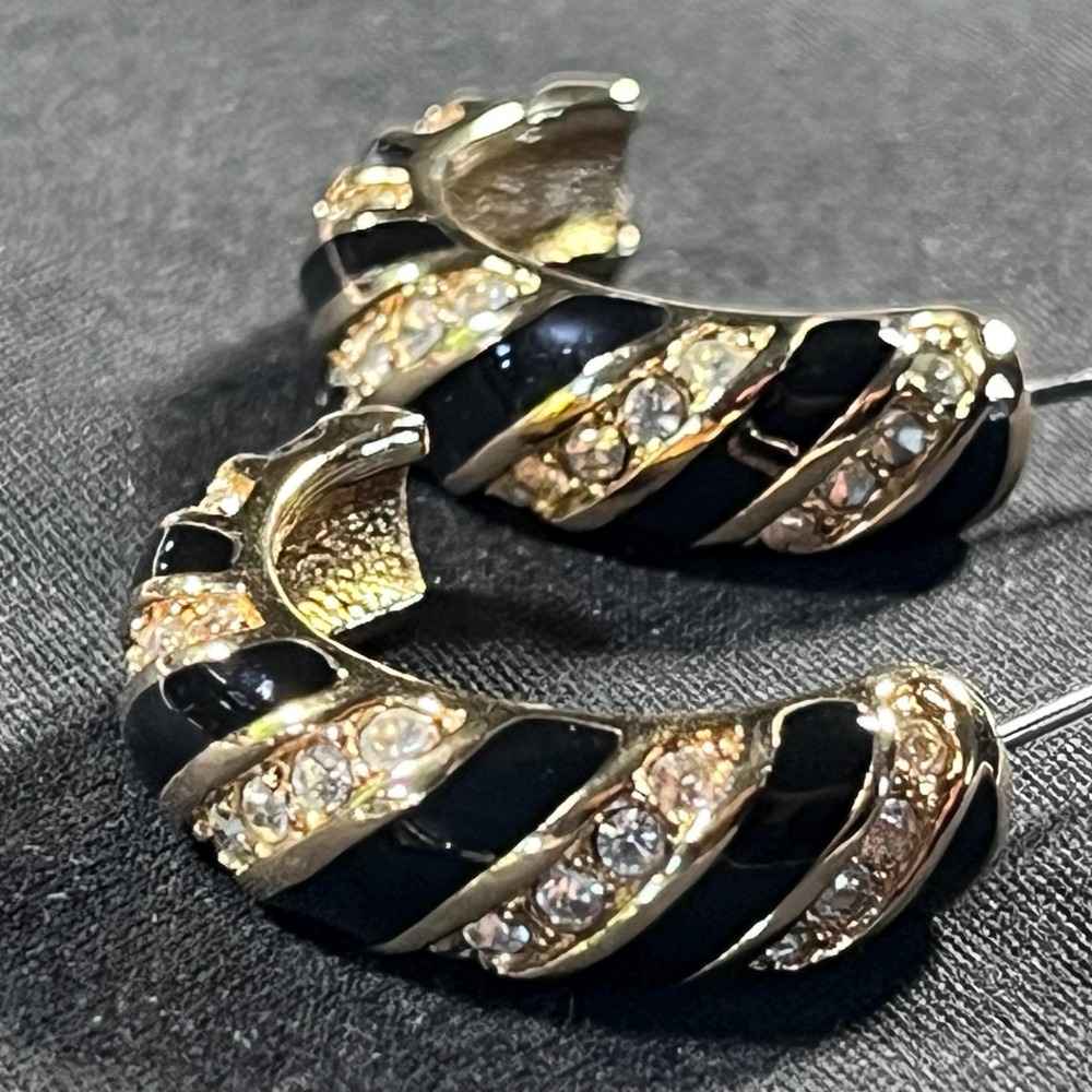 Swarovski Vintage Black Enamel Crystal Gold Plated Half Hoop Statement Earrings